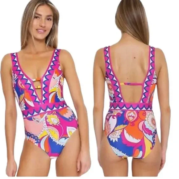 Trina Turk Sevilla V Plunge Strappy One Piece Swimsuit Sz. 14 - Picture 8 of 11